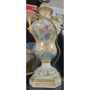 Gold Guilded Table Lamp Ceramic Off White Painted Floral